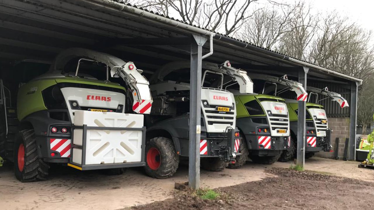 A line-up of CLAAS Jaguars in for winter servicing